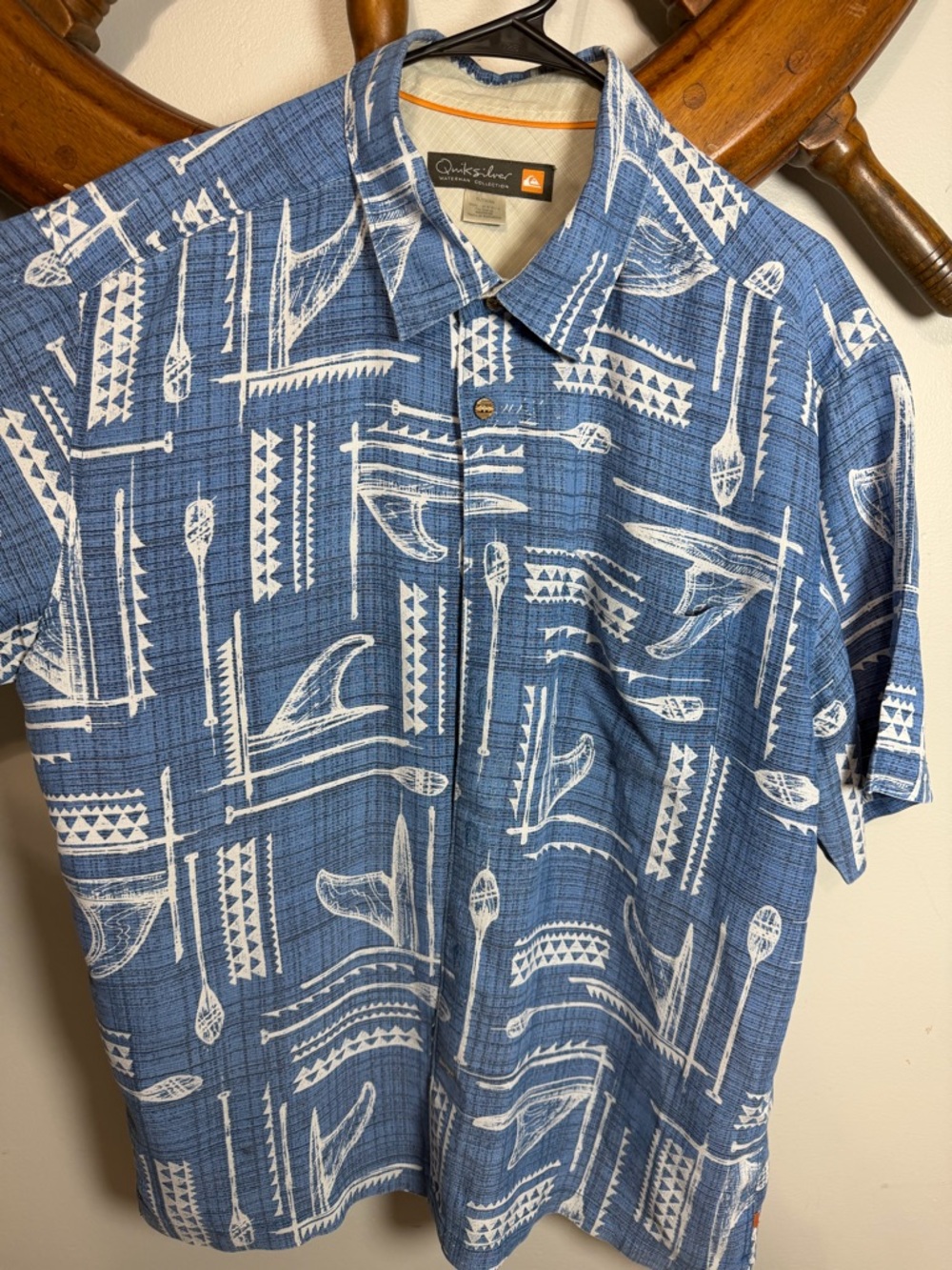 Vintage Quiksilver Men's Waterman’s Blue Printed Short Sleeve Shirt